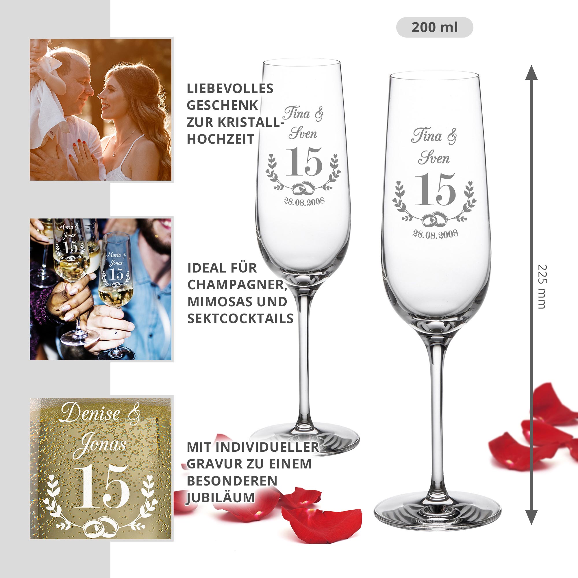 2er Set Sektglas mit Gravur - Kristallhochzeit