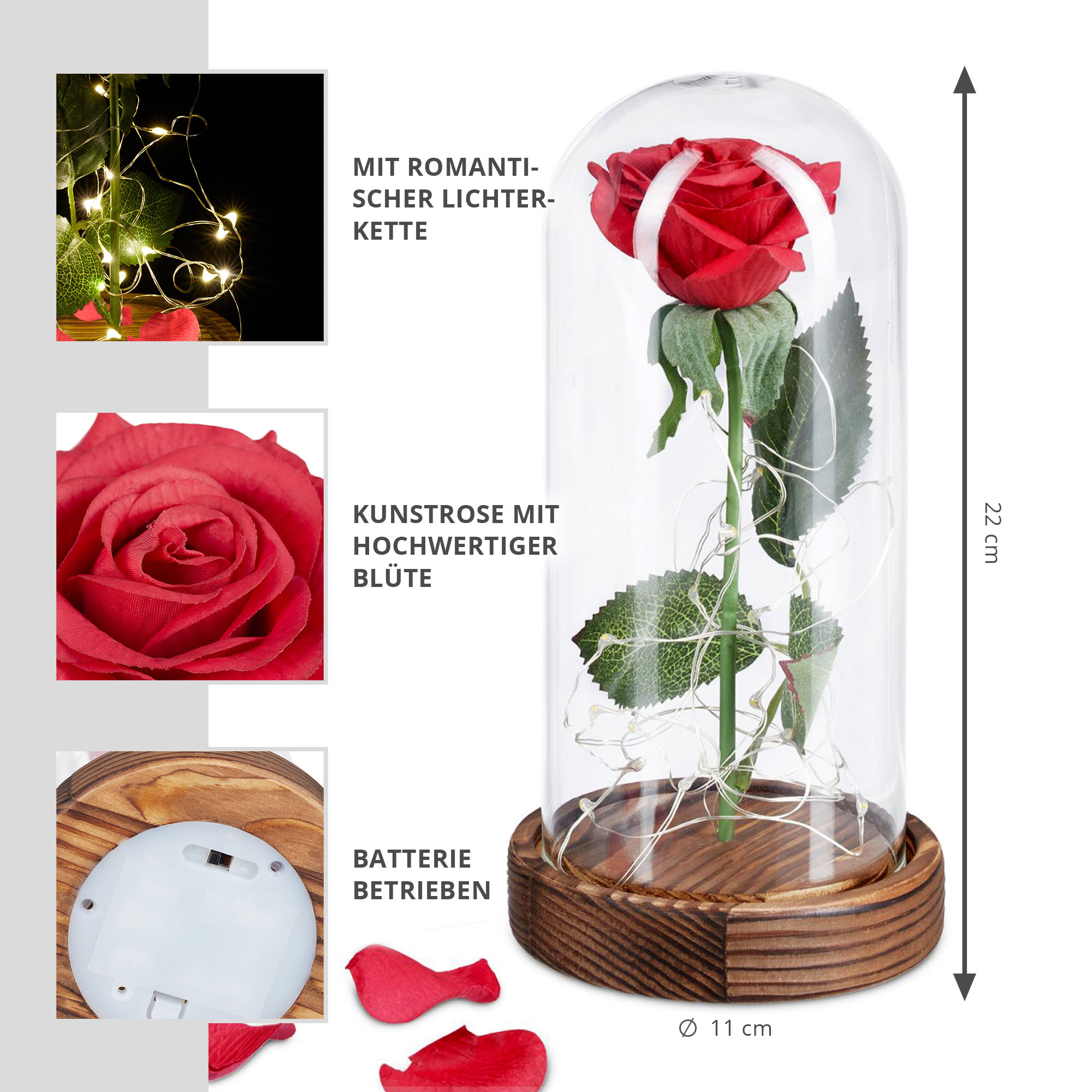 Künstliche rote LED Rose unter Glasglocke
